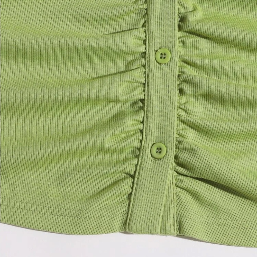 Green Ruched Ribbed Cropped Tank Vest Top - Picture 4 of 5